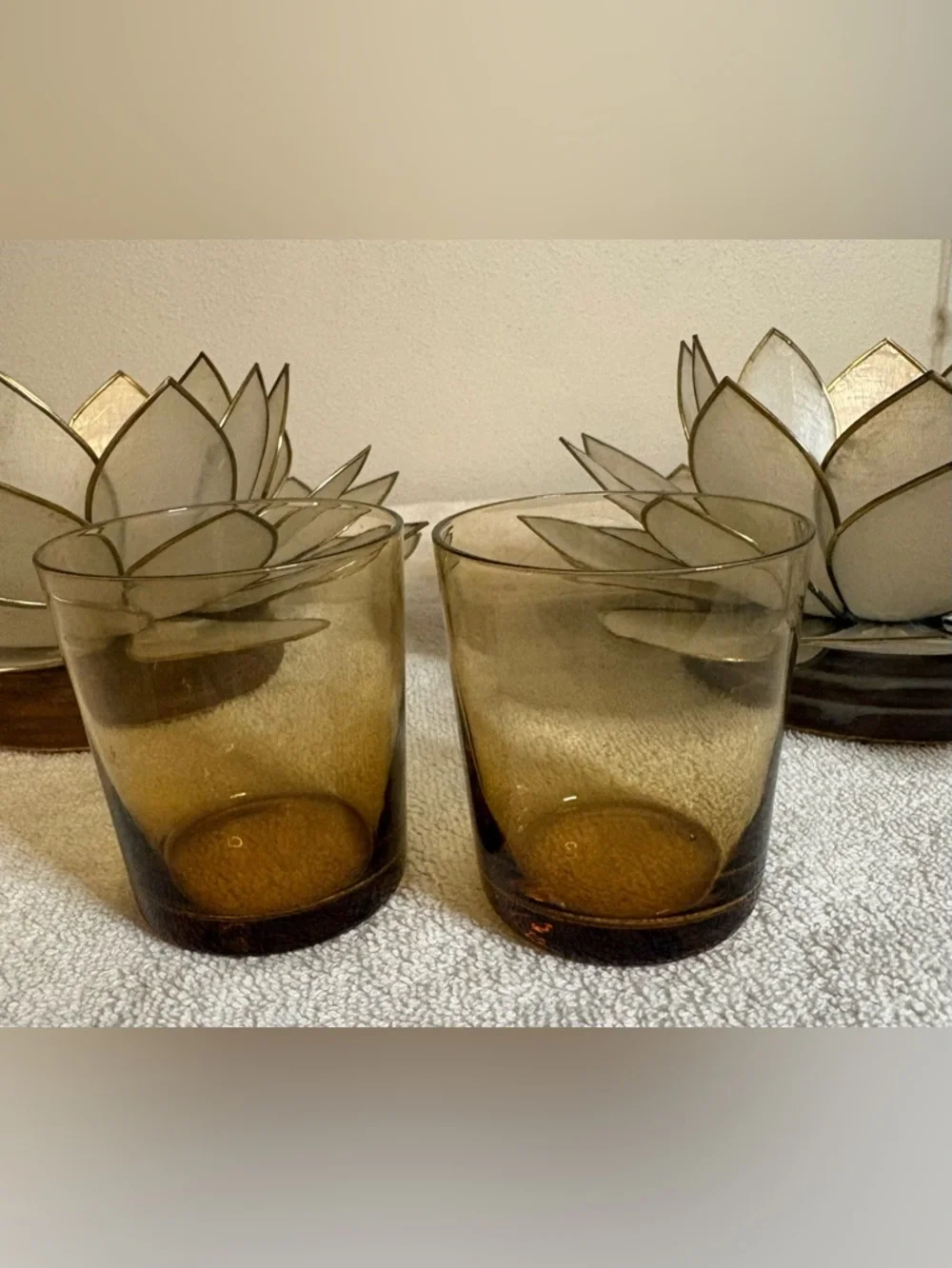 PAIR VINTAGE CAPIZ SHELL LOTUS STYLE BRASS ACCENT EDGE VOTIVE CANDLE HOLDER
